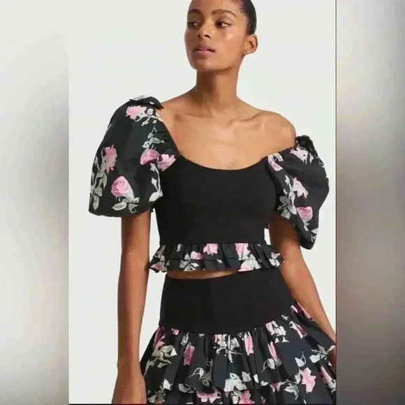 LoveShackFancy Floral Puff Sleeve Spirit Crop Top Black Size Large - Picture 1 of 10